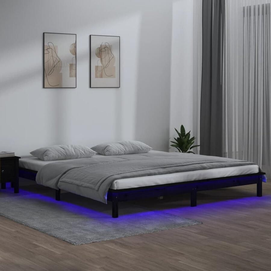 VidaXL LED Bedframe Massief Hout Zwart 200x200 cm Houten Bedframe Led Verlichting Slaap Kamer Pine Wood Furniture Bedroom Furniture Tweepersoons Bed King Size Bed - Foto 2