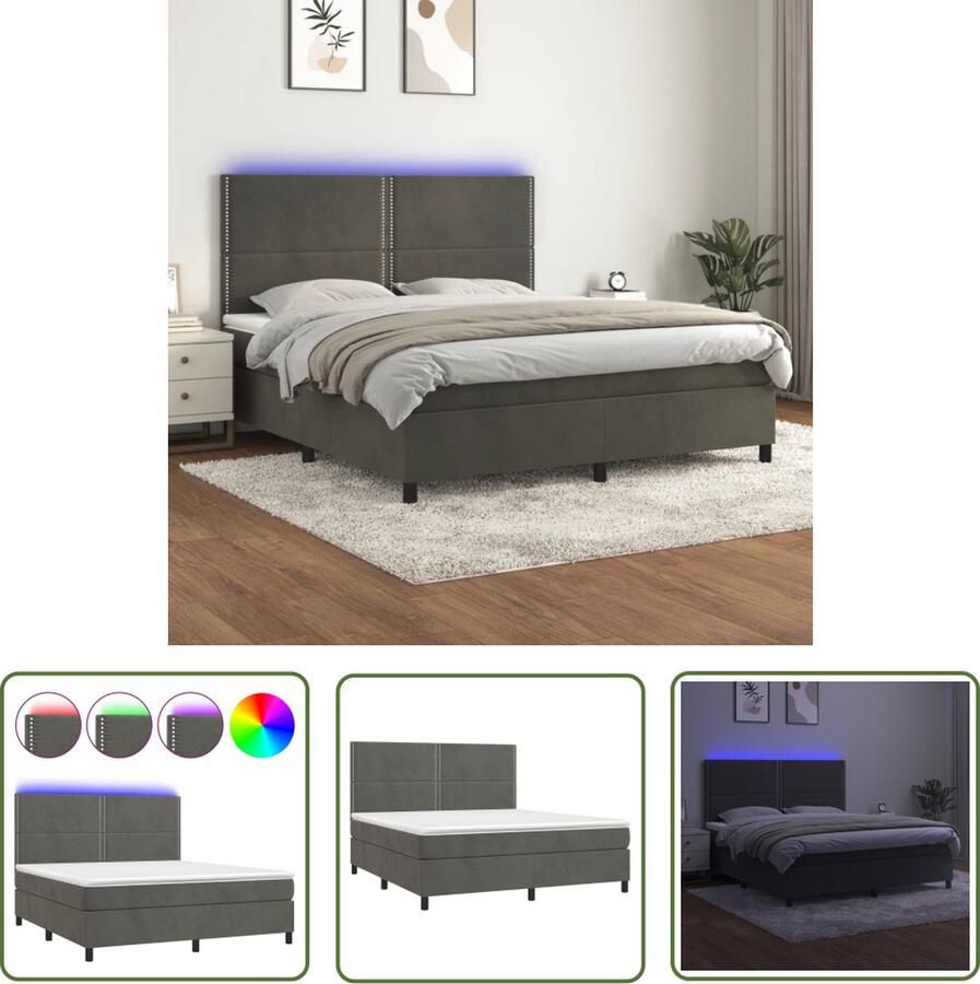 The Living Store Boxspring met matras en LED fluweel donkergrijs 180x200 cm Boxspring Led Boxspring Fluweel Bed Verstelbare Hoofdbord Pocketveer Matras
