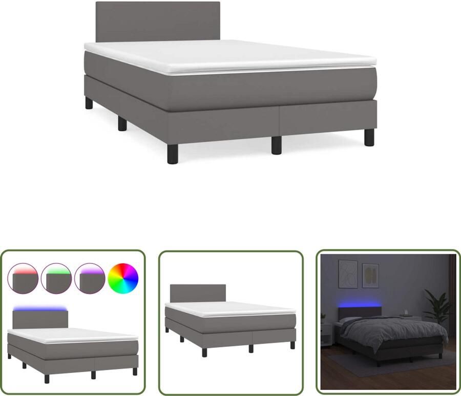VidaXL Boxspring met matras en LED kunstleer grijs 120x190 cm Boxspring Led Boxspring Kunstleder Bed Boxspring Grijs Tweepersoons Bed