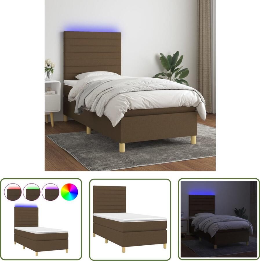 The Living Store Boxspring met matras en LED stof donkerbruin 80x200 cm Boxspring Led Boxspring Donkere Bruine Boxspring Met Led Pocketed Veren Matras