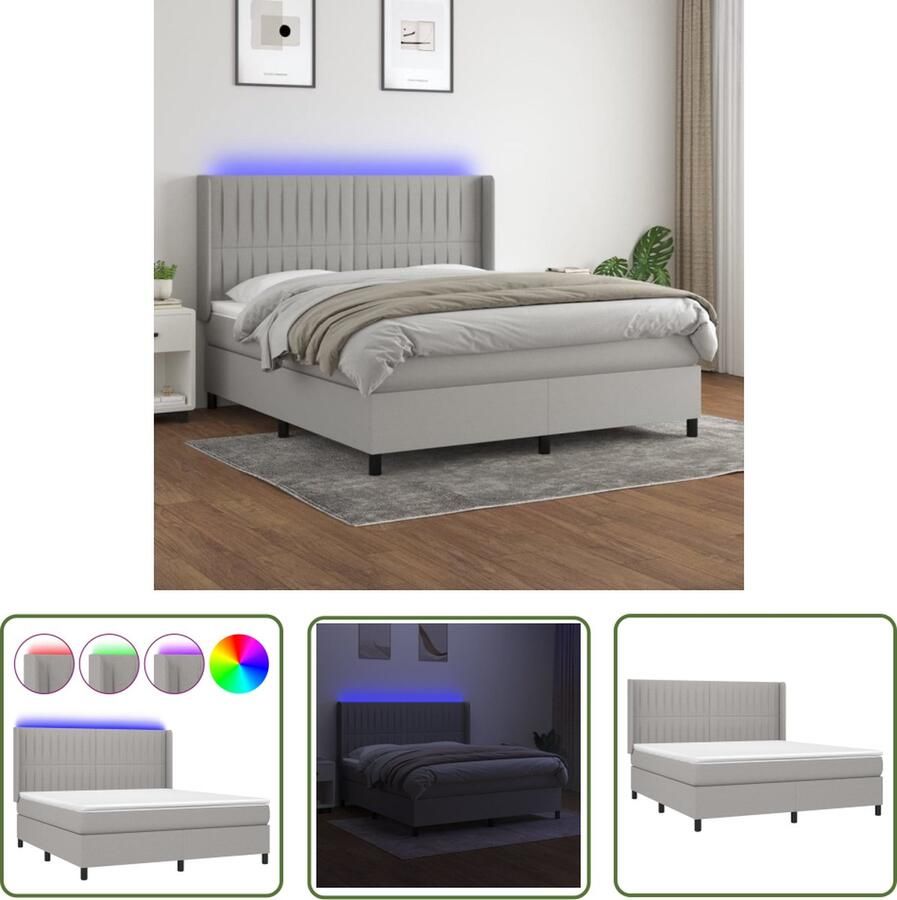 The Living Store Boxspring met matras en LED stof lichtgrijs 160x200 cm Boxspring Led Boxspring Met Led Slaapcomfort Slaapkamerstijl
