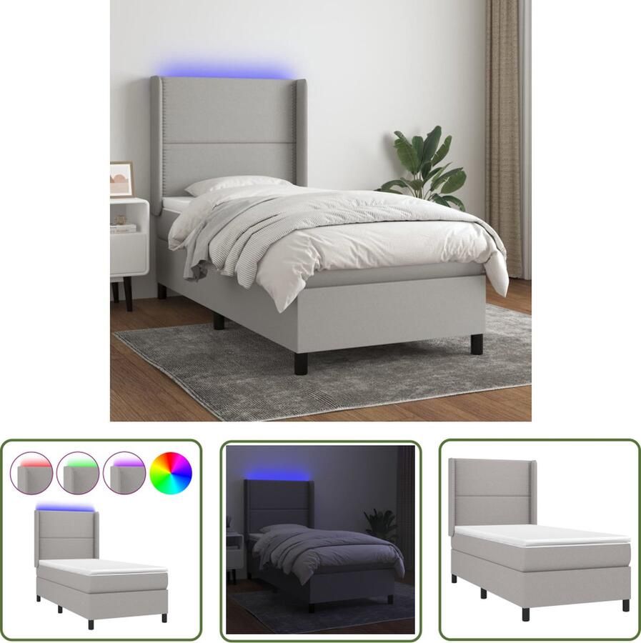 The Living Store Boxspring LED Lichtgrijs 203 x 83 x 118 128 cm Pocketvering matras Huidvriendelijk topmatras USB Boxspring Led Boxspring Slaapcomfort Boxspring Frame Grijs Bed
