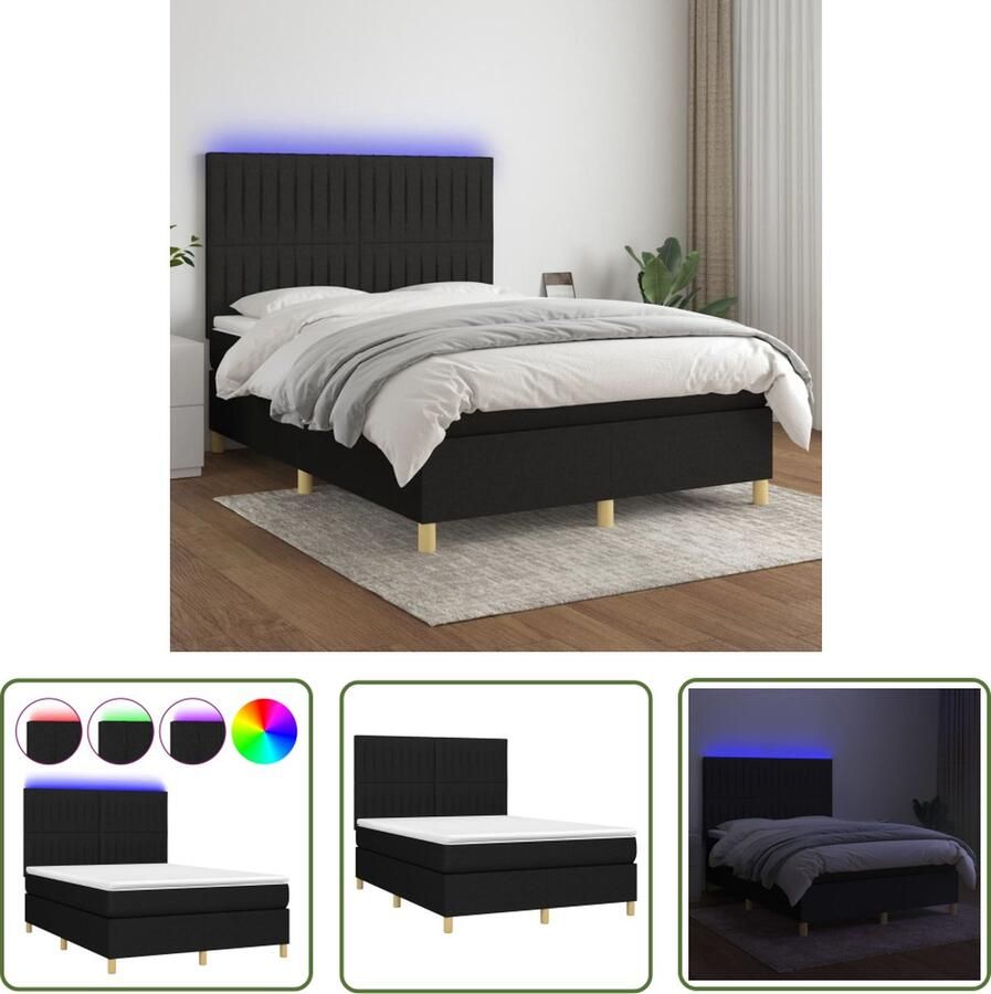 The Living Store Boxspring met matras en LED stof zwart 140x190 cm Boxspring Led Boxspring Met Led Slaapcomfort Zwarte Boxspring