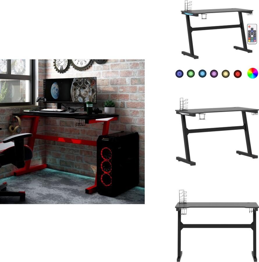 VidaXL Gamingbureau LED Ergonomisch Design Koptelefoonrek Bekerhouder Ruimte voor Monitor en PC Z-vormige Poot Zwart 110x60x75cm Bureau