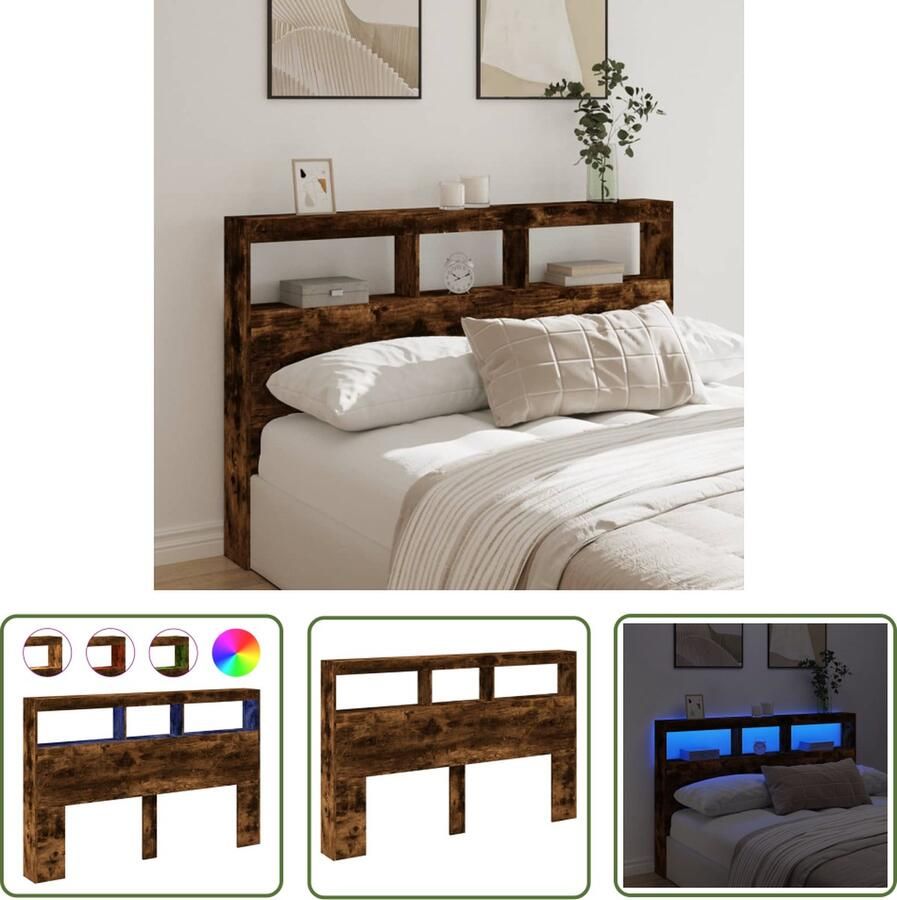 The Living Store Hoofdbordkast met LED-verlichting 160x17x102 cm gerookt eiken Hoofdboard Kast Led Hoofdboard Hoofdbord Met Lampjes Bed Frame Bedroom Furniture