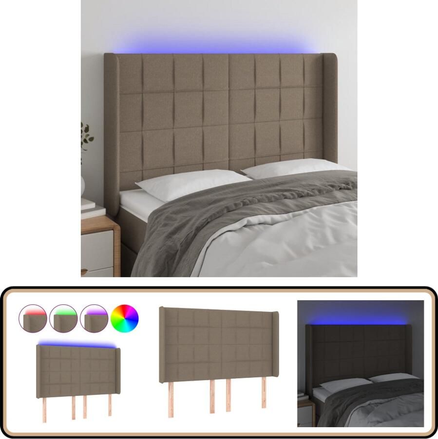 VidaXL LED Hoofdbord 147x16x118 cm Taupe Stof Hoofdboard Led Headboard Bedhead Slaapkamers Hoofddekens Comfortabel Leeshoek Televisiewinkel