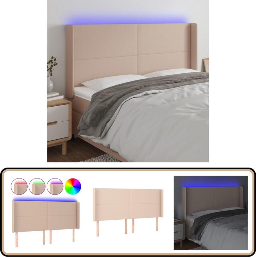 The Living Store Hoofdbord Cappuccino Kunstleer 183x16x118 128 cm LED Verlichting Hoofd Bord Led Verlichting Kapstok Bedroom Decoratie Bruine Meubels