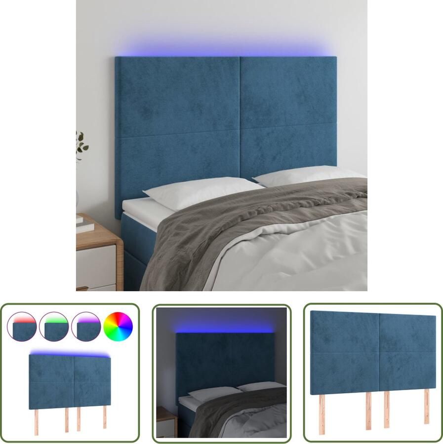 The Living Store Hoofdeinde Donkerblauw Stof 144 x 5 x 118 128 cm LED-strip Verstelbaar Hoofd Bord Led Hoofdbord Velvet Hoofdbord Blauw Hoofdbord Slaapkamersdecoratie