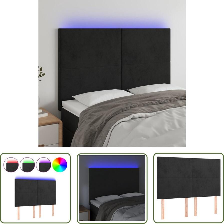 The Living Store Hoofdeind LED Strip Zwart 144 x 5 x 118 128 cm Verstelbaar Fluweel Comfortabele ondersteuning Snijdbare LED-strip Hoofd Bord Led Hoofdbord Zwart Velvet Hoofdbord Met Led Verlichting