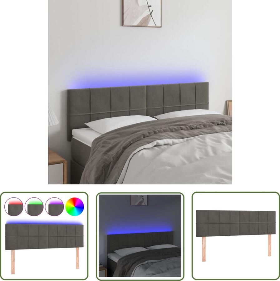 The Living Store Hoofdeind Donkergrijs Fluwelen LED-verlichting Verstelbare hoogte Comfortabele ondersteuning Snijdbare LED-strip 144 x 5 x 78 88 cm Hoofd Bord Led Hoofdbord Velvet Hoofdbord Grijs Hoofdbord Slaapkamersdecoratie