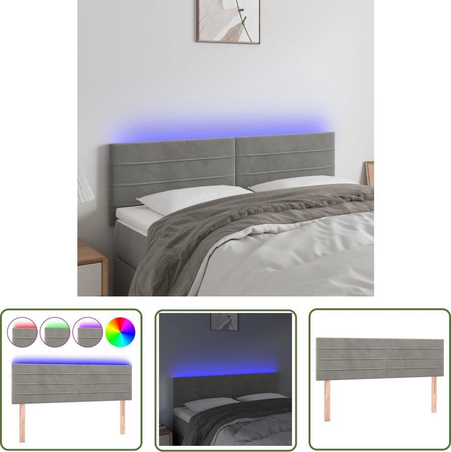 The Living Store Hoofdeind Lichtgrijs 144 x 5 x 78 88 cm LED-strip Hoofd Bord Led Hoofdbord Grijs Velvet Hoofdbord Slaap Kamer Meubilair