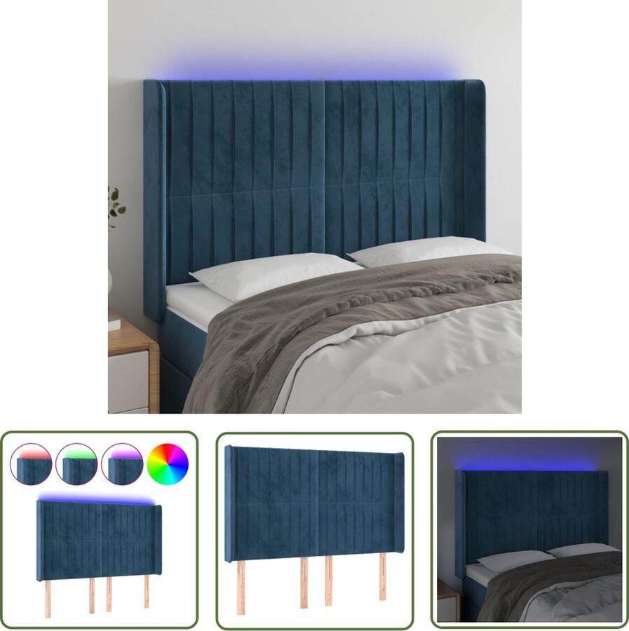 The Living Store Hoofdbord LED 147x16x118 128 cm fluweel donkerblauw Hoofd Bord Led Hoofdbord Velvet Hoofdbord Blauw Hoofdbord Slaap Kamer Decoratie