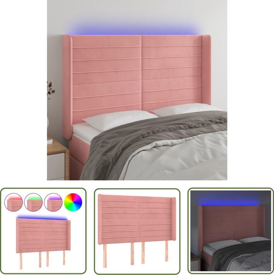 The Living Store Hoofdbord LED Roze 147x16x118 cm Zacht fluweel verstelbare hoogte comfortabele ondersteuning snijdbare LED-strip 100% polyester