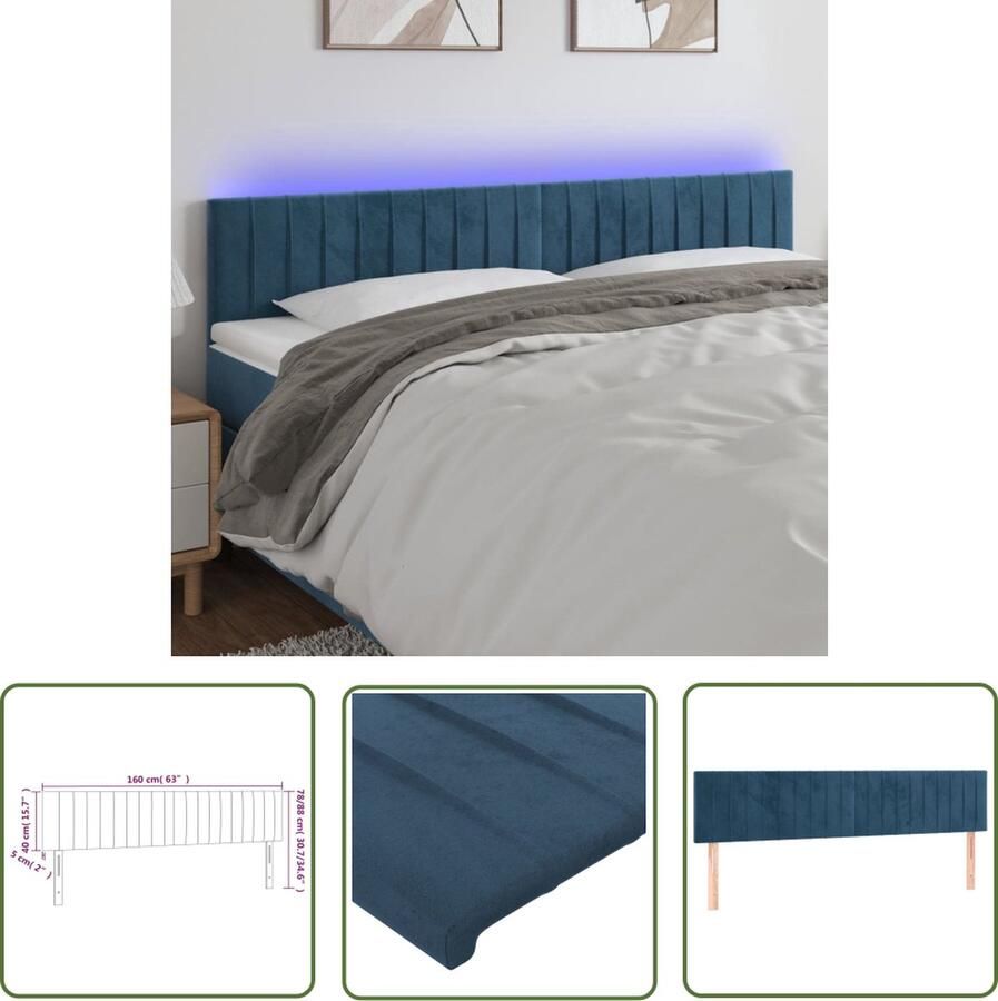 The Living Store Donkerblauw LED-hoofdeinde 160 x 5 x 78 88 cm Verstelbaar Fluweel Kleurrijke LED-verlichting Hoofd Bord Led Hoofdbord Velvet Hoofdbord Blauw Hoofdbord Slaap Kamer Decoratie