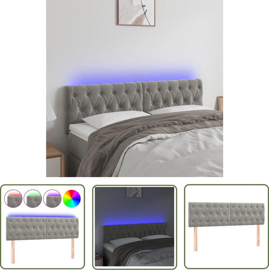 The Living Store LED-Hoofdbord Hoofdeinde Lichtgrijs 144x7x78 88 cm Fluweel Kleurrijke LED-verlichting Hoofd Bord Led Hoofdbord Grijs Hoofdbord Velvet Led Verlichting Slaapkamer Hoofdbord Met Lamp