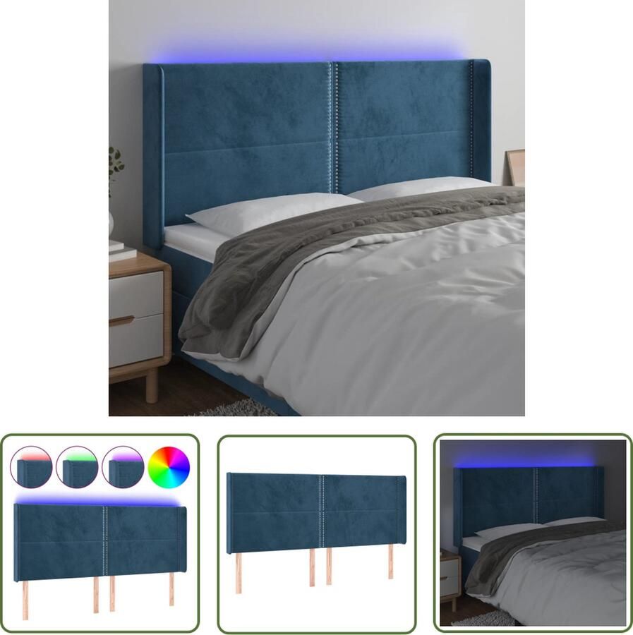 The Living Store Donkerblauw Hoofdeinde LED-hoofdbord 163x16x118 128 cm Fluweel Verstelbaar Comfortabel Snijdbare LED-strip Hoofd Bord Led Hoofdbord Velvet Hoofdbord Blauw Hoofdbord Slaap Kamer Decoratie