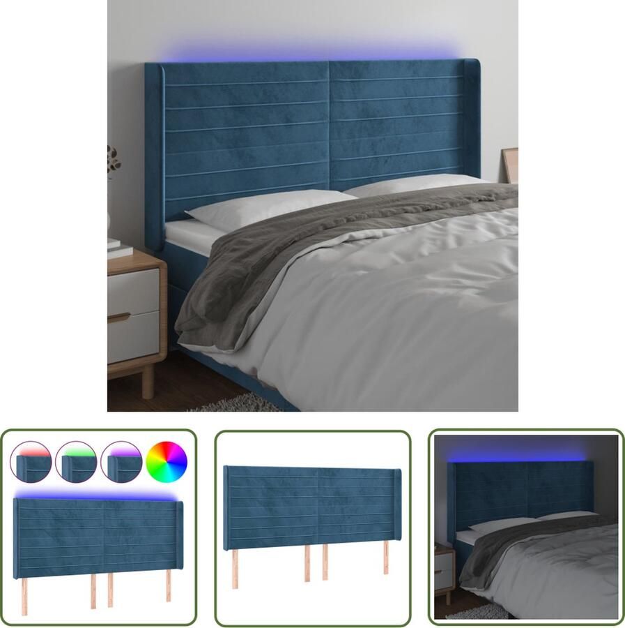 The Living Store Hoofdbord LED-hoofdbord Donkerblauw 183 x 16 x 118 128 cm Fluweel Verstelbaar Comfortabele ondersteuning Snijdbare LED-strip Montagehandleiding USB-aansluiting