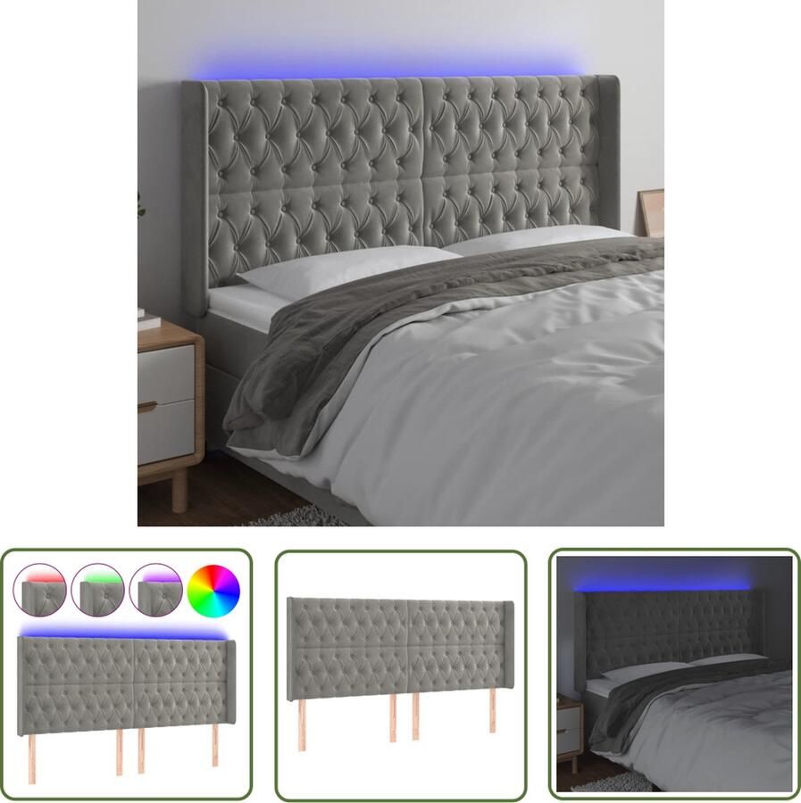 The Living Store Hoofdbord Moderne LED 183x16x118 cm Lichtgrijs Stof Larikshout Verstelbare hoogte Zacht fluweel Kleurrijke LED-verlichting Hoofd Bord Led Hoofdbord Grijs Hoofdbord Velvet Hoofdbord Met Led Verlichting