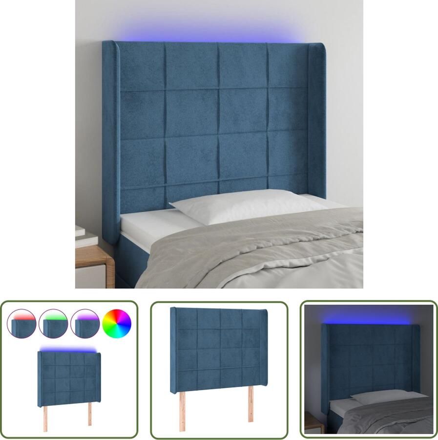 The Living Store Hoofdbord Fluweel Verstelbare Hoogte Kleurrijke LED-verlichting Snijdbare LED-strip Donkerblauw 83x16x118 128 Hoofd Bord Led Hoofdbord Velvet Hoofdbord Blauw Hoofdbord Beddecoratie