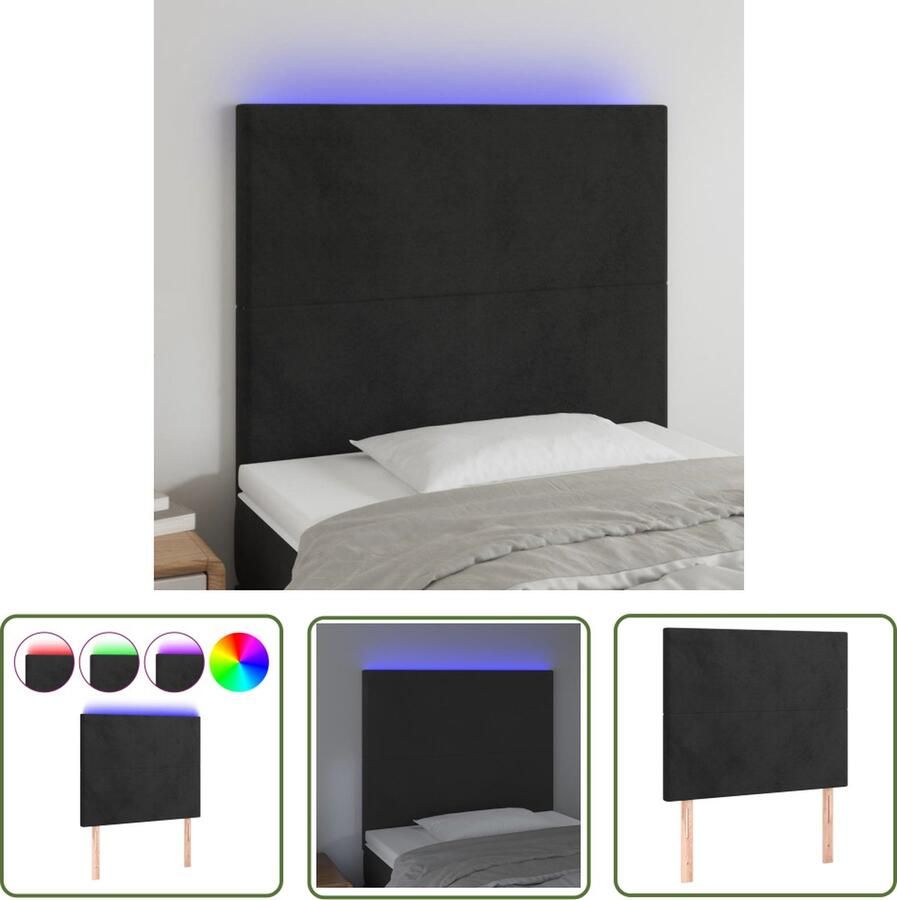 The Living Store Hoofdeinde Zwart LED-Verlichting Verstelbare Hoogte 90 x 5 x 118 128 cm Fluweel USB-Aansluiting Hoofd Bord Led Hoofdbord Zwart Velvet Hoofdbord Adjustable Headboard