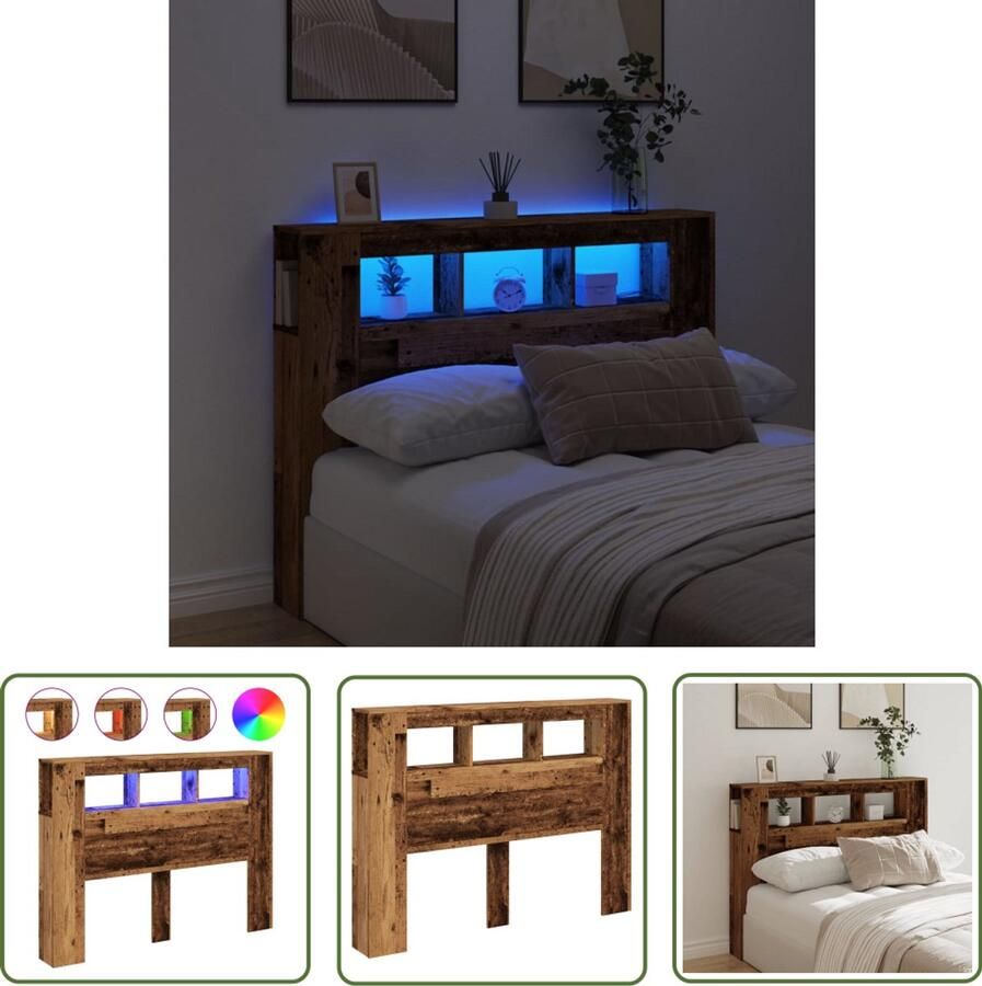 VidaXL Led Hoofdbord Hoofd Bord Hoofdeinde met LED 140x18 5x103 5 cm bewerkt hout oud hout Hoofdeinde Bedroom Furniture Houten Hoofdbord