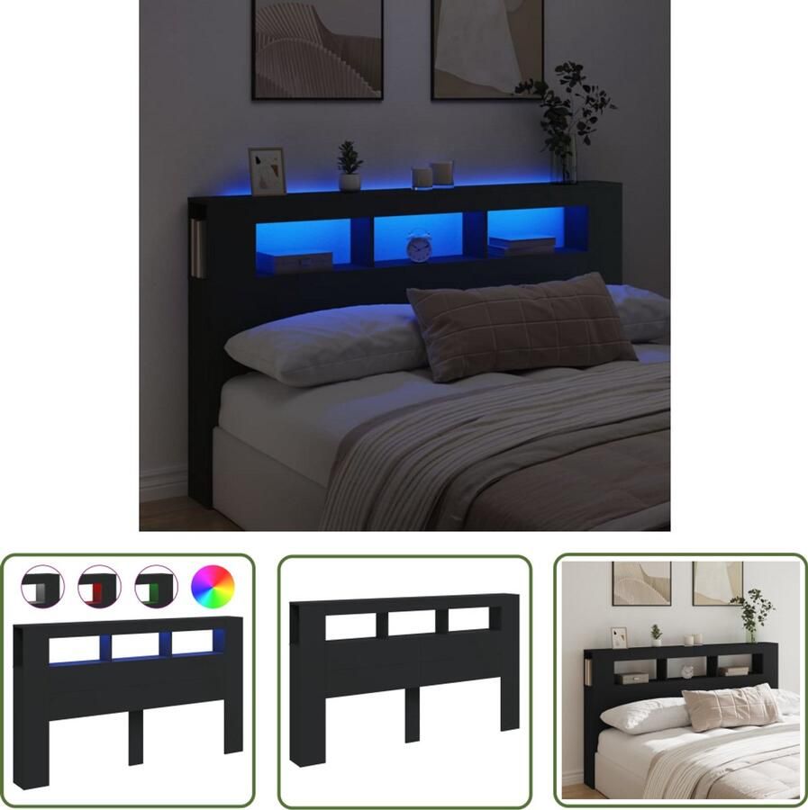 VidaXL Led Hoofdbord Hoofd Bord Hoofdeinde met LED 180x18 5x103 5 cm bewerkt hout zwart Hoofdeinde Bedroom Furniture Slaapkamersdecoratie
