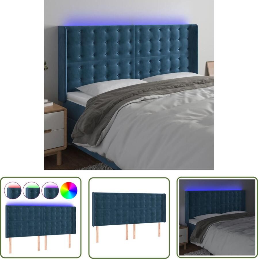 The Living Store LED Hoofdbord Hoofdeinde Donkerblauw 183 x 16 x 118 128 cm Verstelbare hoogte Zacht fluweel Kleurrijke LED-verlichting Snijdbare LED-strip Montagehandleiding USB-aansluiting