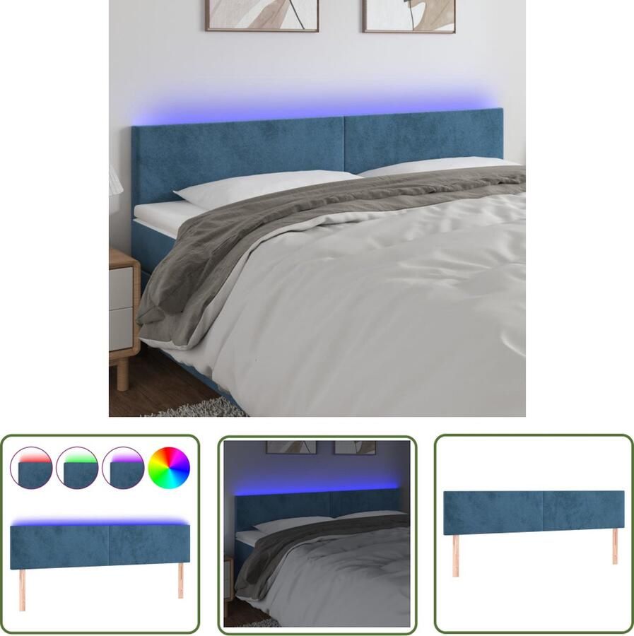 The Living Store Hoofdeinde Dark Blue LED Fluweel Verstelbaar Comfortabele ondersteuning Snijdbare LED-strip 160x5x78 88 cm Hoofdboard Led Hoofdbord Velvet Hoofdbord Blauw Hoofdbord Comfortabele Hoofdbord