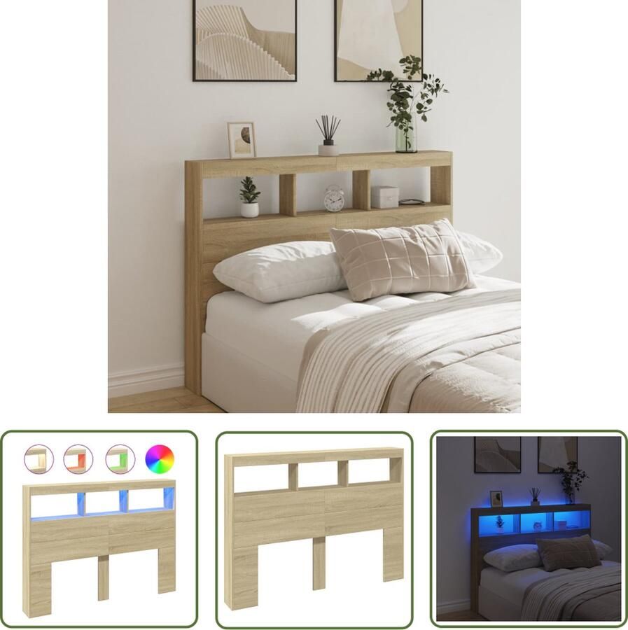 The Living Store Hoofdbord LED-licht Sonoma Eiken 140x17x102 cm RGB LED-verlichting en opbergruimte Hoofdbord Led Hoofdbord Met Lampjes Sonomaplank Bedroom Furniture