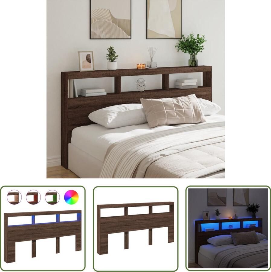 The Living Store Hoofdbord LED Bruineiken 200 x 17 x 102 cm Bewerkt Hout LED-verlichting Hoofdbord Led Hoofdbord Hoofdbordkast Bedroom Furniture Houten Hoofdbord