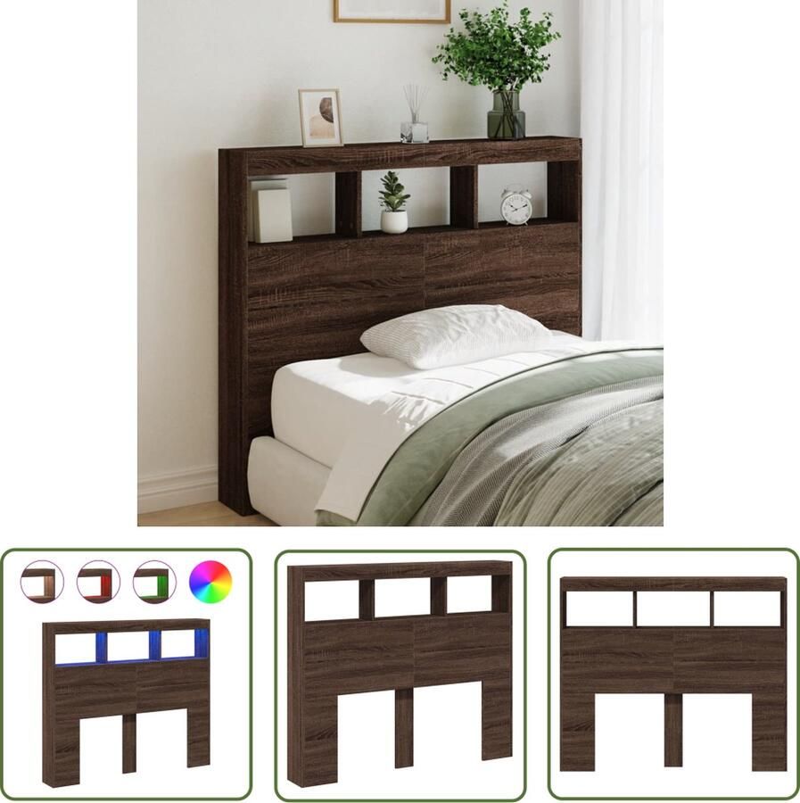 The Living Store RGB LED Hoofdbordkast 120 x 17 x 102 cm Bruineiken Bewerkt Hout 40 kg Draagvermogen Hoofdbord Kast Led Hoofdbord Rgb Verlichting Houten Hoofdbord Bruineiken