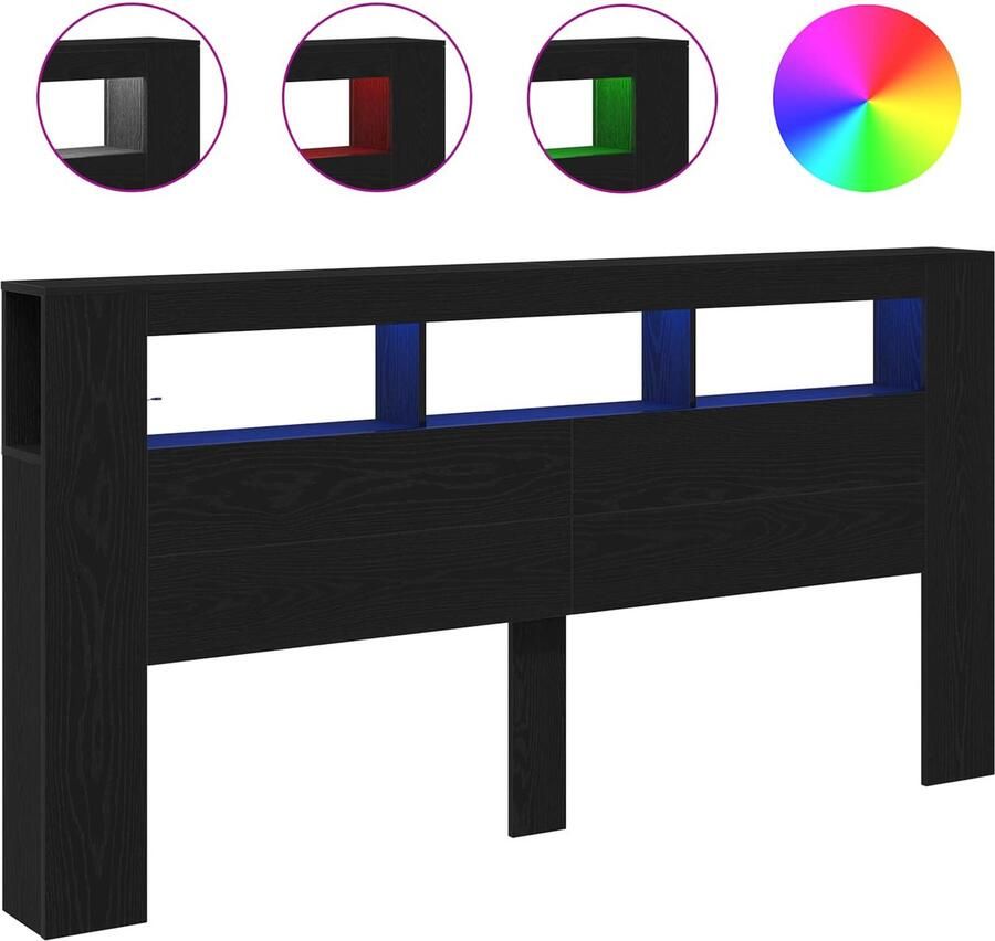 VidaXL LED Hoofdbord Zwart Eiken 200 x 18 5 x 103 5 cm Bewerkt hout - Foto 3