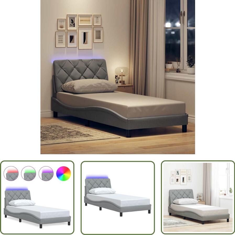 VidaXL Led Lamp Bed Frame Bedframe met LED zonder matras 90x190 cm stof lichtgrijs Slaap Kamer Tweepersoons Bed Boxspring