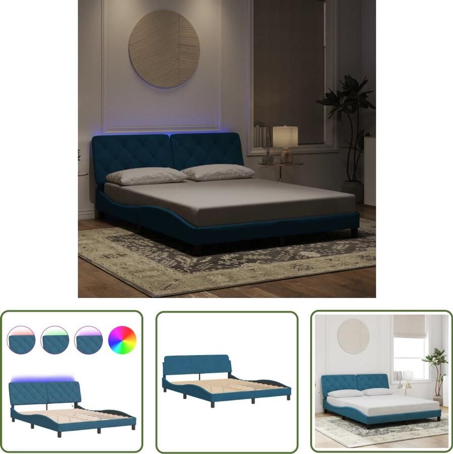 VidaXL Led Lamp Bed Frame Bedframe met LED zonder matras fluweel blauw 160x200 cm Fluweel Bed Blauwe Kamerdecoratie Tweepersoons Bed