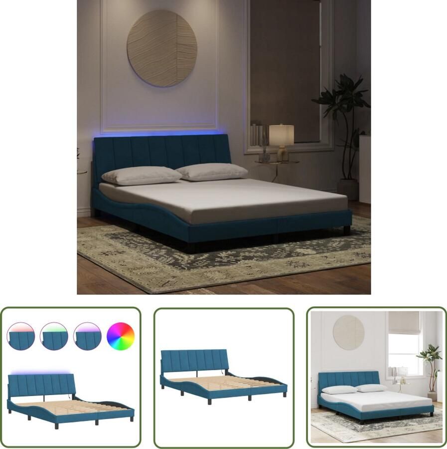 VidaXL Led Lamp Bed Frame Bedframe met LED zonder matras Hanko fluweel blauw 160x200 cm Velvet Bed Blue Bedroom Furniture King Size Bed