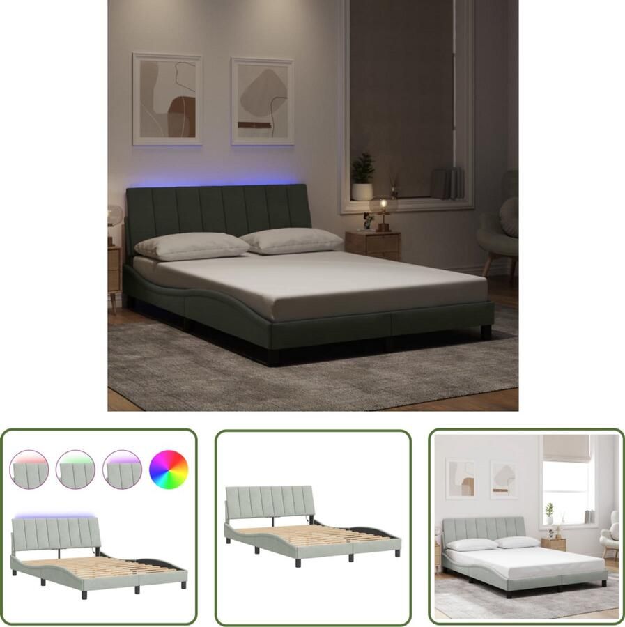VidaXL Led Lamp Bed Frame Bedframe met LED zonder matras Hanko fluweel lichtgrijs 140x190 cm Fluweel Bed Slaap Kamer Decoratie Tweepersoons Bed