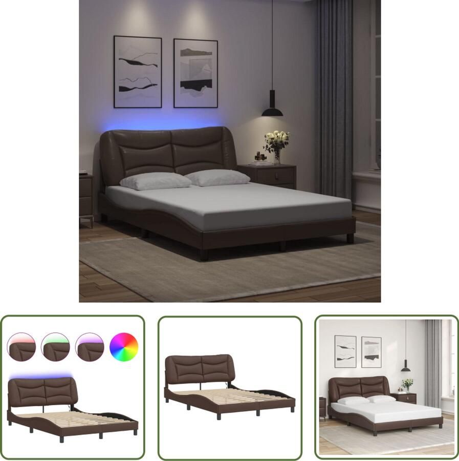 VidaXL Led Lamp Bed Frame Bedframe met LED zonder matras Hvar kunstleer bruin 140x190 cm Bruine Bedbank Kunstleder Bed Tweepersoons Bed