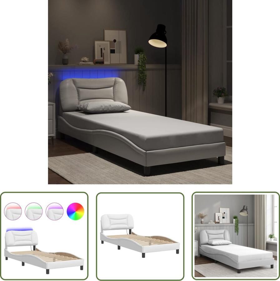 The Living Store Bedframe LED-verlichting 90 x 200 cm Wit Duurzaam Kunstleer Bed Frame Led Lamp Kunstleder Bed Tweepersoons Bed King Size Bed