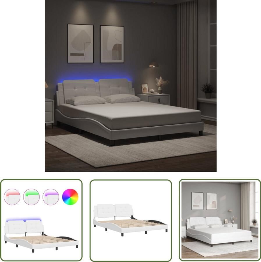VidaXL Led Lamp Bed Frame Bedframe met LED zonder matras Zadar kunstleer wit 160x200 cm Kunstleder Bed Tweepersoons Bed Slaapcomfort