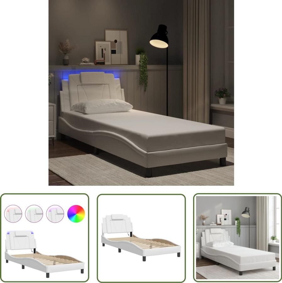 VidaXL Led Lamp Bed Frame Bedframe Viana met LED zonder matras kunstleer wit 90x200 cm Kunstleder Bed Tweepersoons Bed Slaapkamersdecoratie