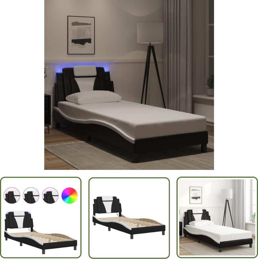 VidaXL Led Lamp Bed Frame Bedframe Viana met LED zonder matras kunstleer zwart en wit 90x190 cm Hoofdbord Kunstleder Tweepersoonsbed
