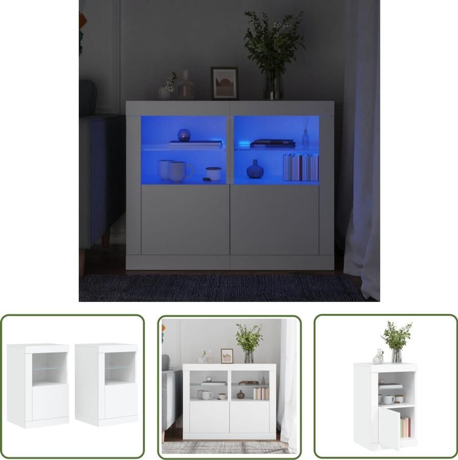 The Living Store Bijzetkastjes met LED-verlichting 2 st bewerkt hout wit Bijzetkast Led Lamp Houten Kast Opbergkast Nachtlamp