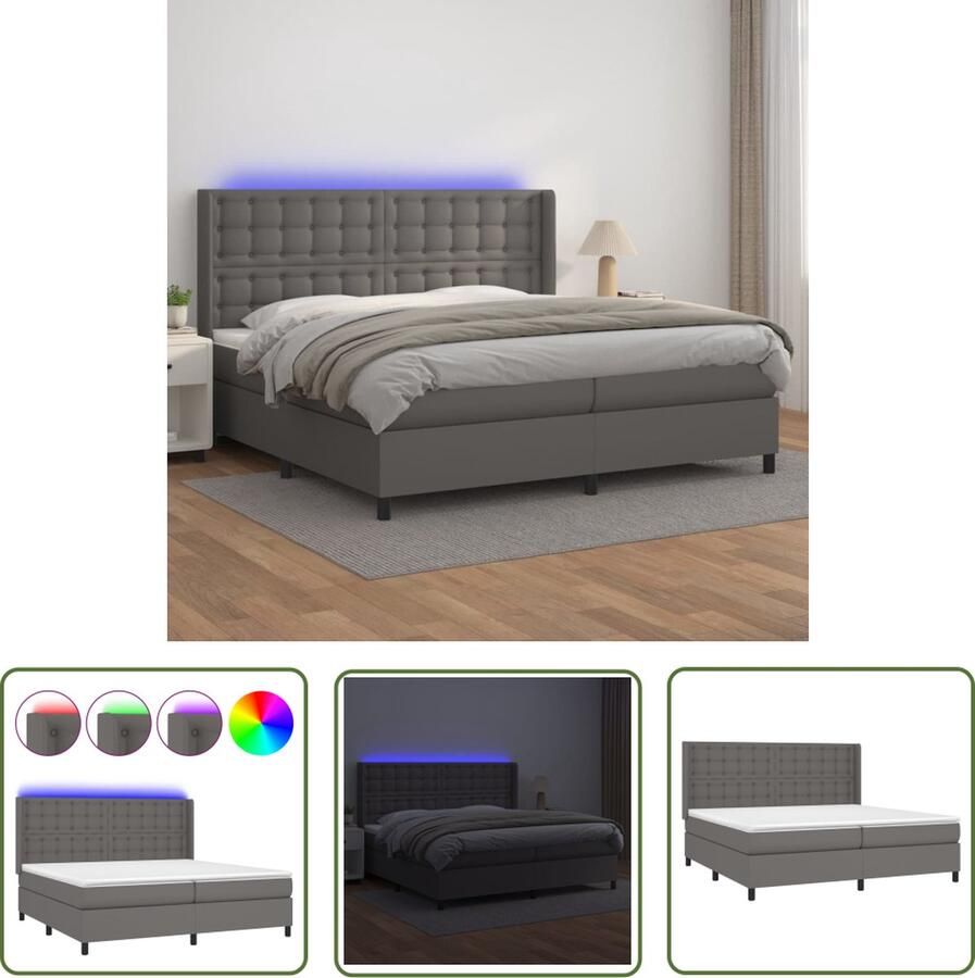 The Living Store Boxspring Bed Grijs Kunstleer 203 x 203 x 118 128 cm LED Verlichting Boxspring Bed Led Lamp Kunstleder Bed Grijze Boxspring Tweepersoons Bed