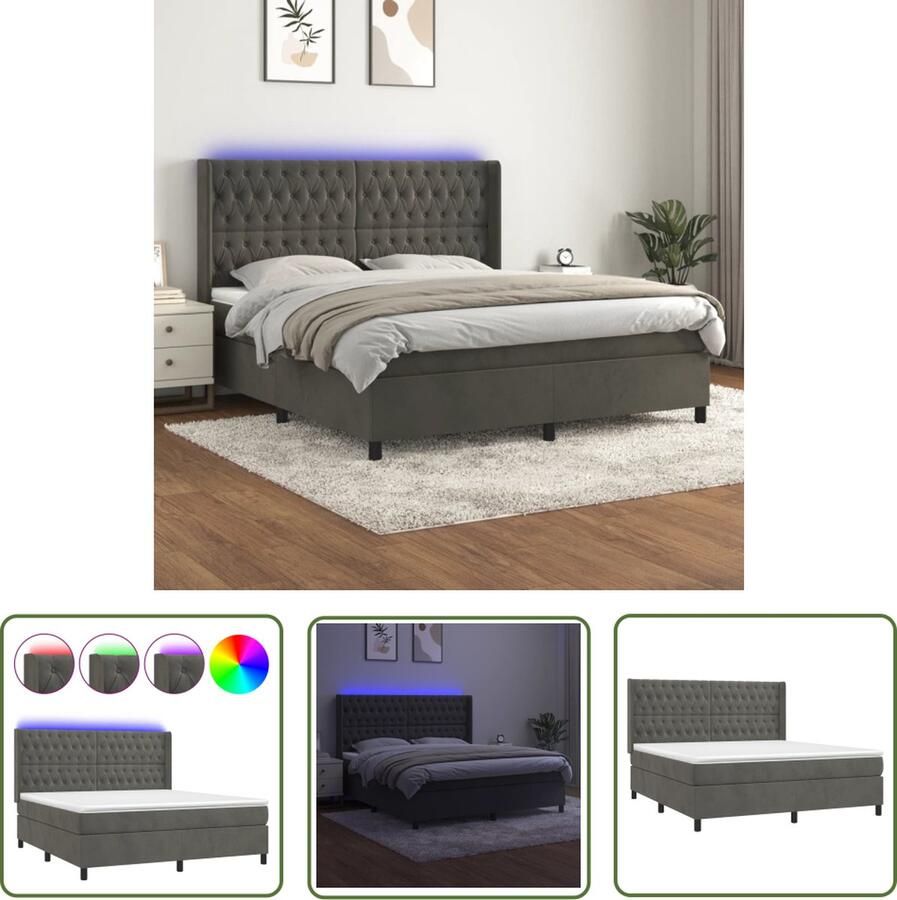 The Living Store Boxspring Zacht fluweel Praktisch hoofdbord Kleurrijke LED-verlichting Pocketvering matras Huidvriendelijk topmatras Donkergrijs 203 x 183 x 118 128 cm 180 x 200 x 20 cm 180 x 200 x 5 cm LED-strip 2 LED-strips - Foto 2