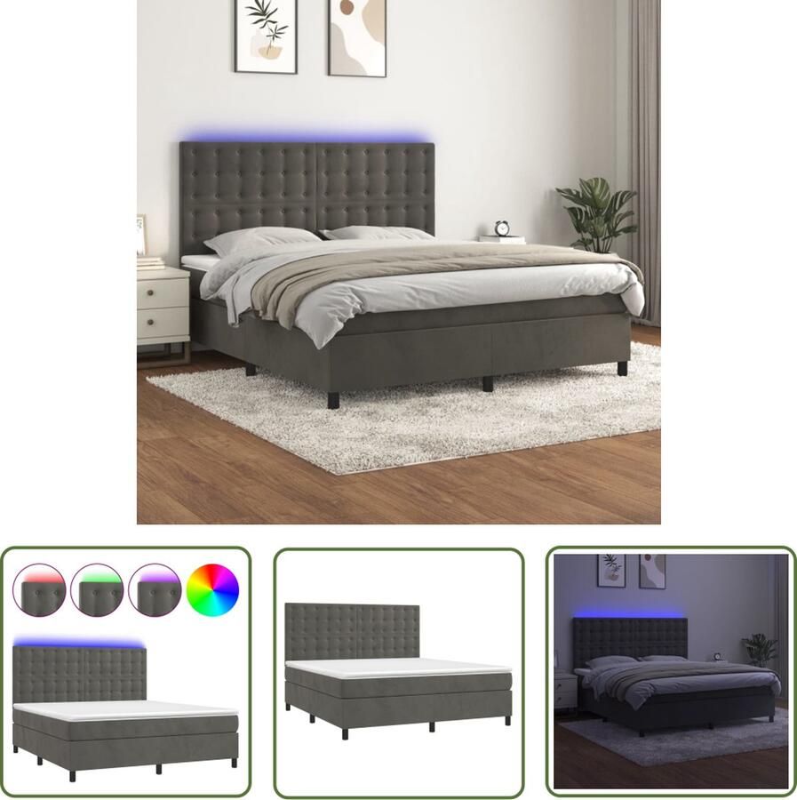 The Living Store Boxspring LED fluweel pocketvering huidvriendelijk donkergrijs 203x180x118 128cm wit donkergrijs 180x200x20cm LED-strip Boxspring Led Lamp Velvet Bed Tweepersoons Bed Groot Bed