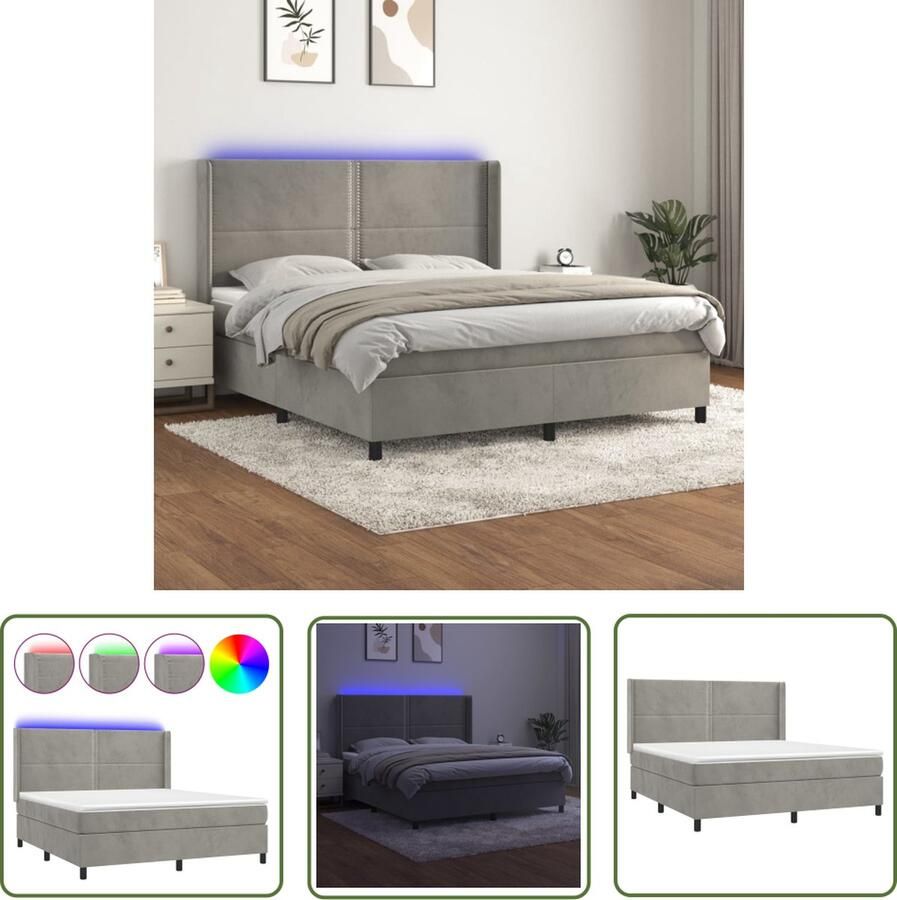 The Living Store Boxspring LED Fluweel Verstelbaar hoofdbord Pocketvering Huidvriendelijk Grijs 203x183x118 128 cm Boxspring Led Lamp Fluweel Bed Verstelbare Hoofdbord Pocketveer Matras