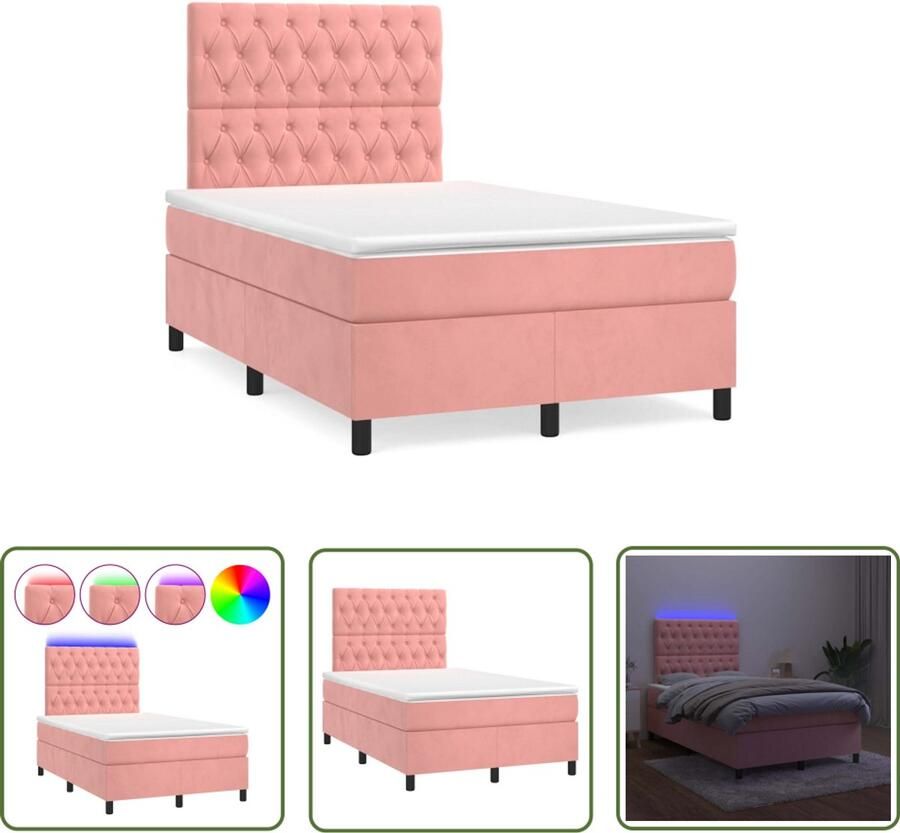 VidaXL Boxspring met matras en LED fluweel roze 120x190 cm Boxspring Led Lamp Fluweel Bed Roze Bed Tweepersoonsbed