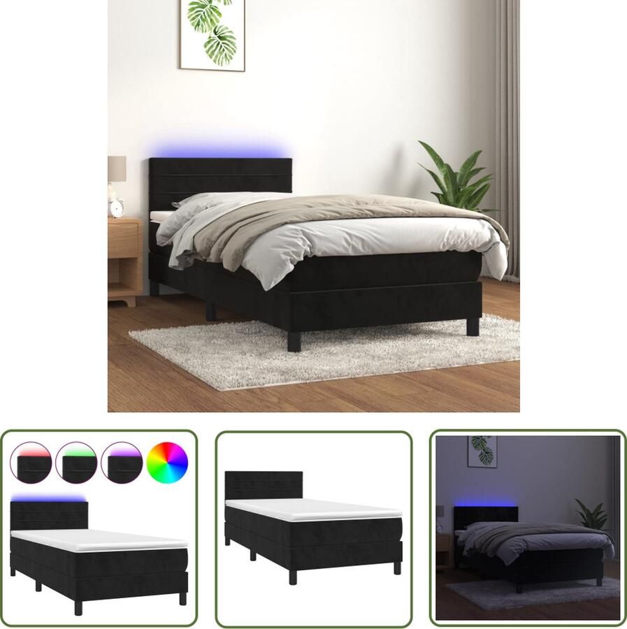 The Living Store Boxspring Zwart Fluweel 203x80x78 88cm Verstelbaar hoofdbord LED-verlichting en Pocketvering matras Huidvriendelijk topmatras Boxspring Boxsprings Velvet Bed Elektrisch Hoofdbord Led Lamp - Foto 2