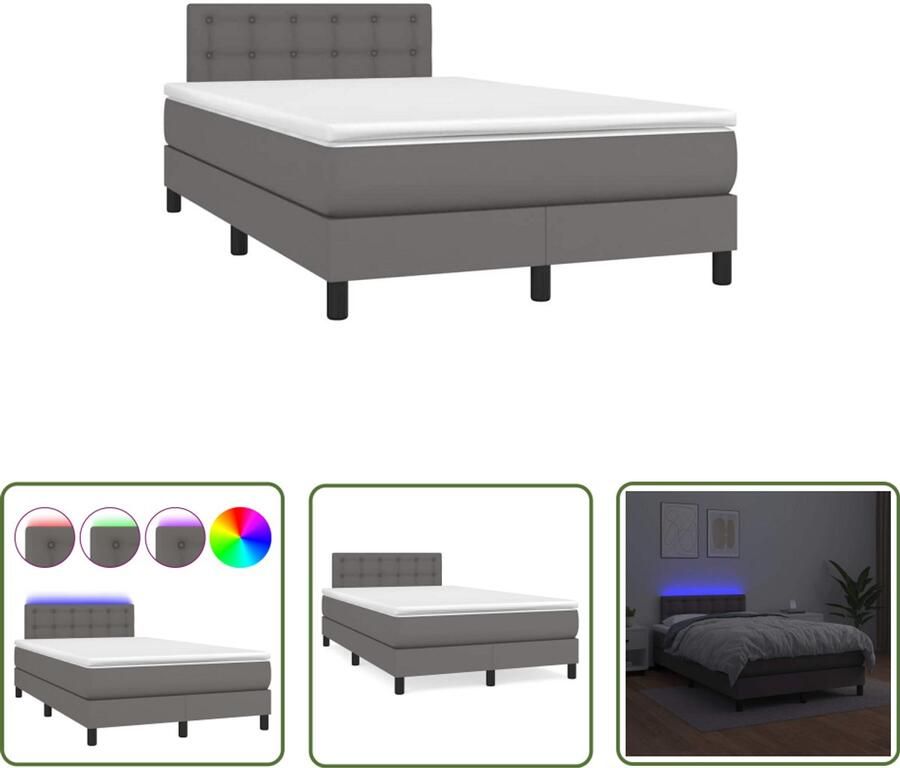 VidaXL Boxspring met matras en LED kunstleer grijs 120x190 cm Boxspring Led Lamp Kunstleder Bed Tweepersoons Bed Boxspring Frame