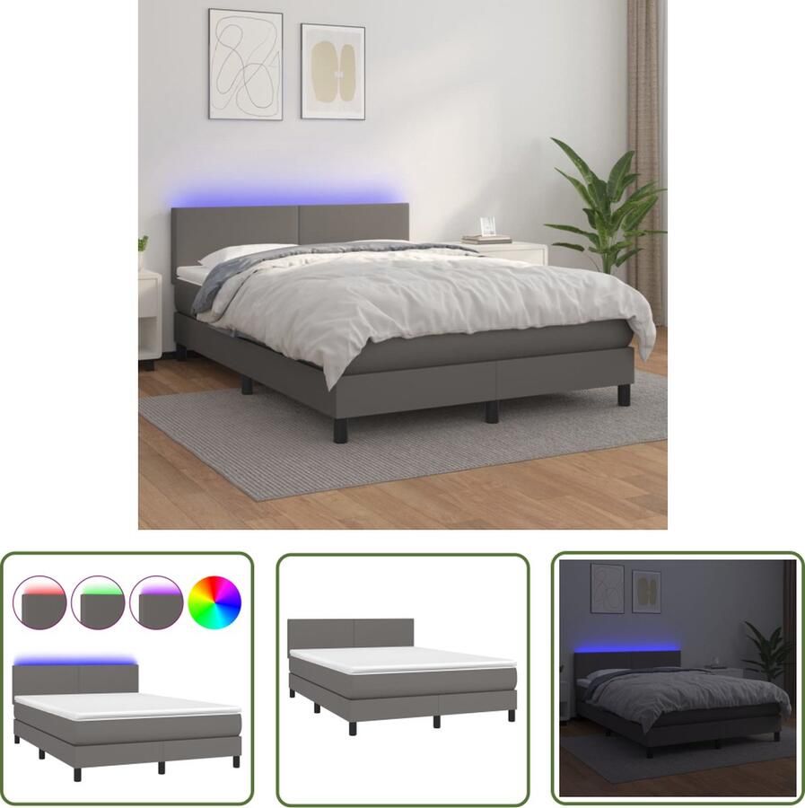 The Living Store Boxspring met matras en LED kunstleer grijs 140x200 cm Boxspring Boxsprings Bed Slaapmeubel Boxspringbed Boxspring Bed Tweepersoonsbed Bed Met Matras Bedframe Ledikant Bed Met LED